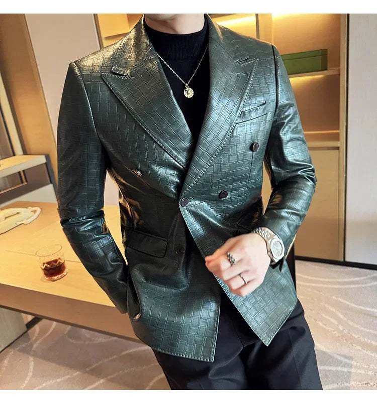 High Quality Square Grid Double Breasted Leather Jacket Fashion Business Slim Fit Casual Men Suit Blazer Tuxedos Men Clothing