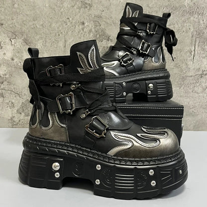 Men's 2024 Winter New Thick-soled Inner Heightening Fashion Fried Street Personality High-top Leather Boots