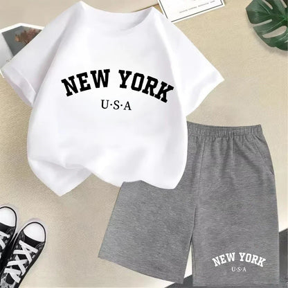 2026 New Kids Boys Girls New York Letter Pattern Cotton T-shirt+Shorts 2-Piece Set Casual Daily