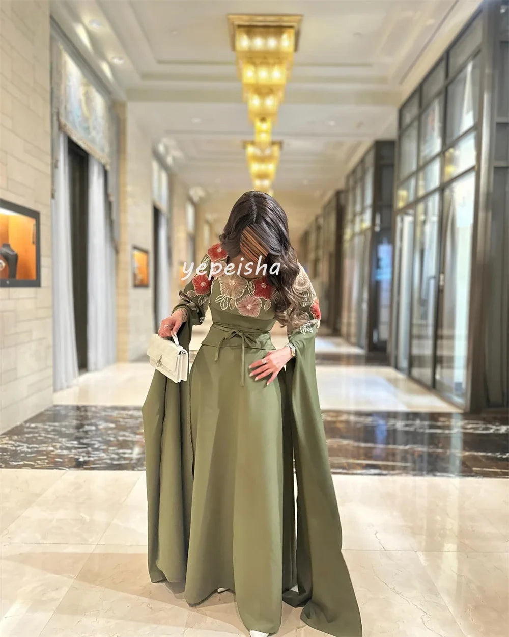 Customized Intricate Matching Jersey Flower Beading Sash A-line Square Neck Long Dresses Bespoke Occasion Dresses Exquisite Sexy