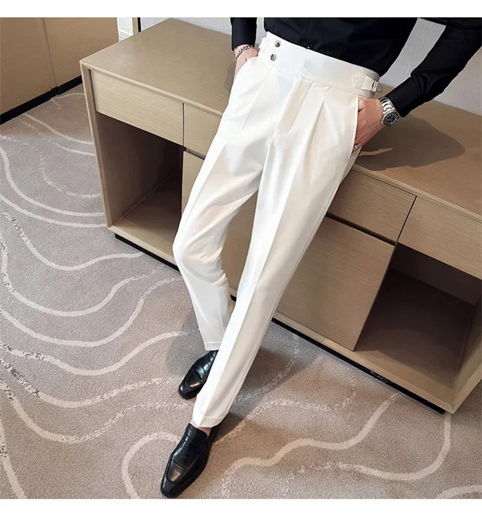 Pure Color Male Business Wedding Dress Pants Fashion Unique Design Men Waist Adjustable Suit Pant No Belt Slim Trousers Homme
