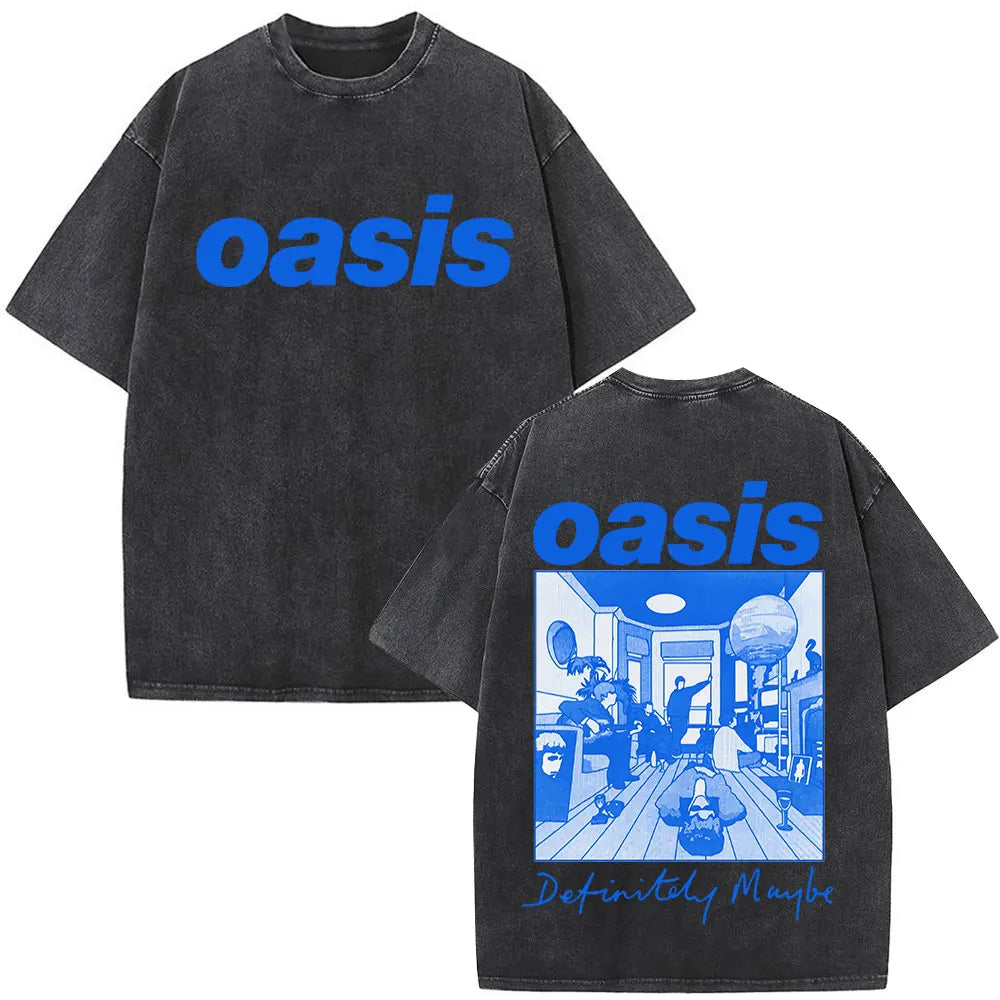 O-Oasis T-Shirts British Rock Band Vintage Washed T-shirt Men Women Clothing Cotton Casual Short Sleeve T Shirts Tops Streetwear