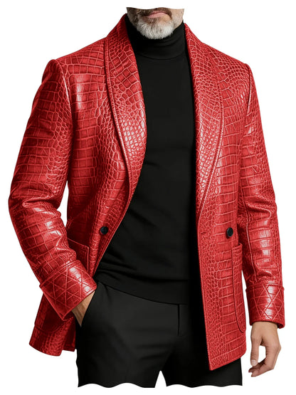 Men's Crocodile Pattern Leather Blazer 1 Button Shawl Collar Tuxedo Jacket Formal Business Wedding Coat Luxury Suit Outerwear