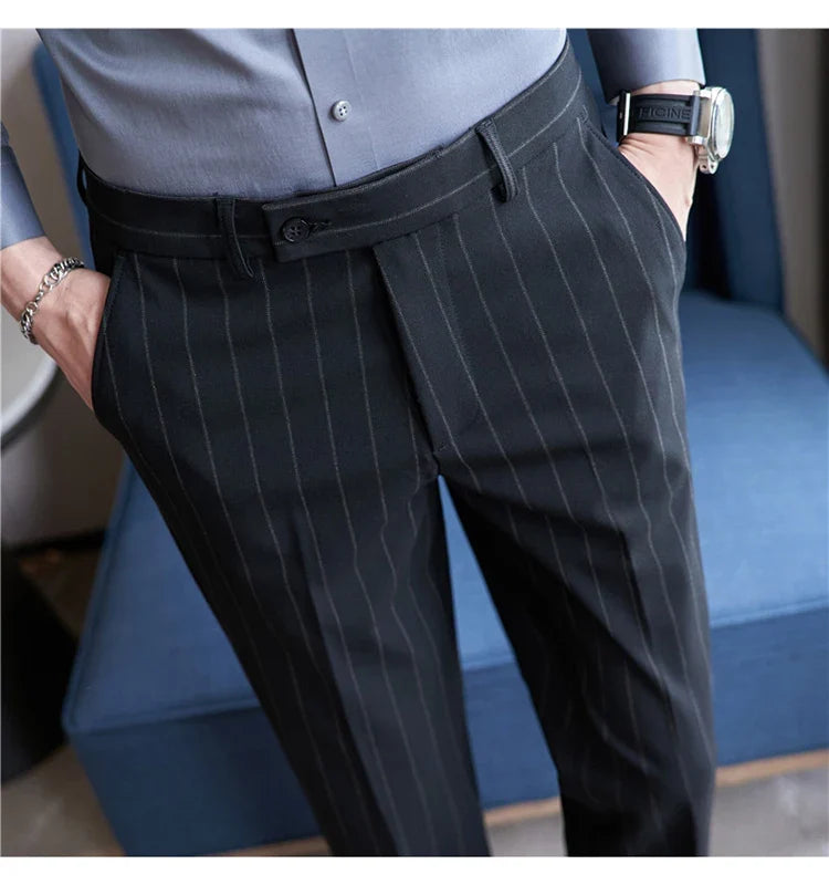 Autumn New Fashion Stripe Men's Suit Pants High Quality Straight Long Classic Business Elegant Slim Fit Casual Trousers 38-29