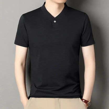 2026 Korean Style Men's Casual and Fashionable One Button V-neck Solid Color Short Sleeved T-shirt Summer Versatile Top