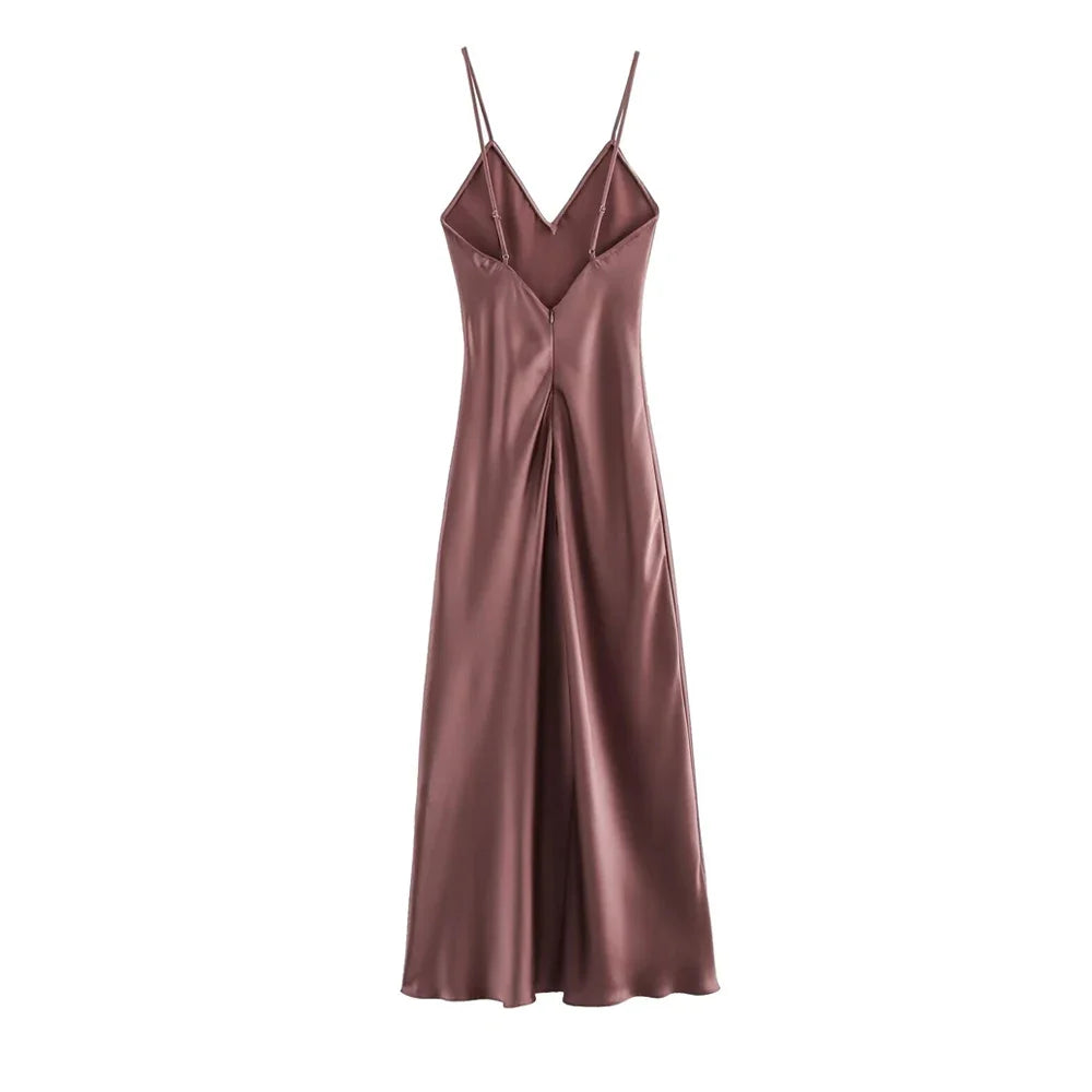 Women's Satin Midi Dress, V Neck, Thin Straps, Backless, Female Dresses, Sexy Fashion