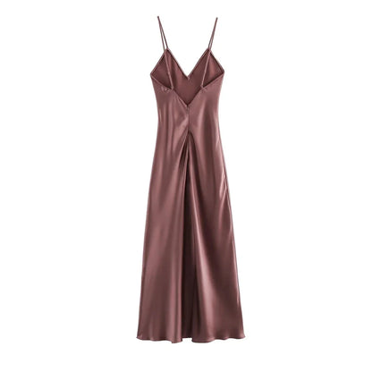 Women's Satin Midi Dress, V Neck, Thin Straps, Backless, Female Dresses, Sexy Fashion