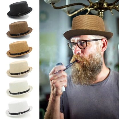 Men Women Classical Straw Pork Pie Hats Fedora Sunhats Trilby Caps Summer Boater Beach Outdoor Travel Party Size US 7 1/4 UK L