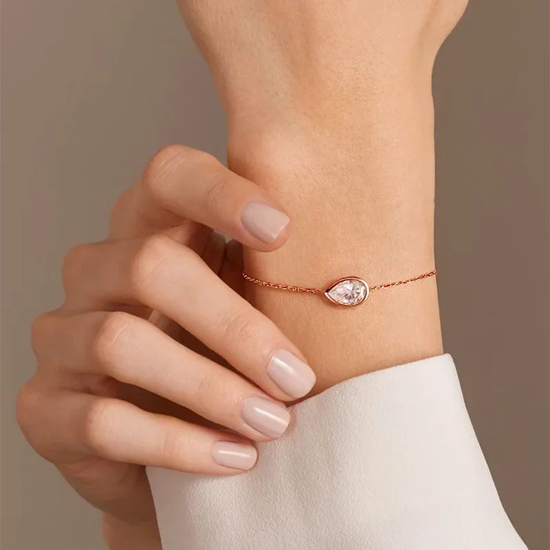 Lucky Clover Full Moissanite Link Bracelet Women S925 Silver Pear Cut Lab Diamond Bridal Adjustable Dainty Hand Chain Gift