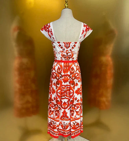 2026 Summer Women's New Fashionable Square Neck Short Sleeve Cotton Printed Waist cinching Mid length Dress