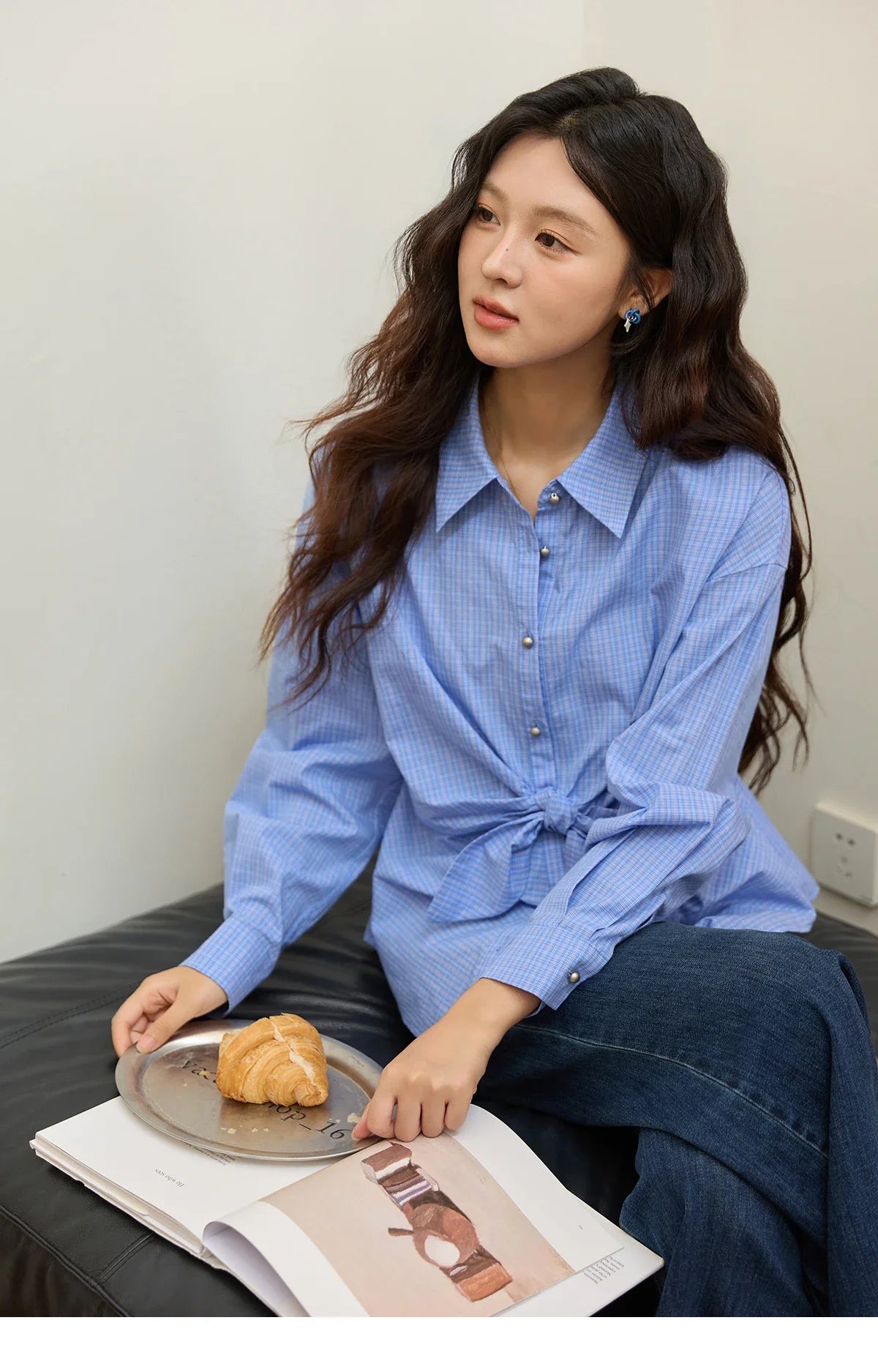 Blue Plaid 100 Cotton Shirt Autumn 2025 Bow Tie Waist Matte Silver Butto Shirts Lapel Dropped Sleeved Tops MXE44C2395