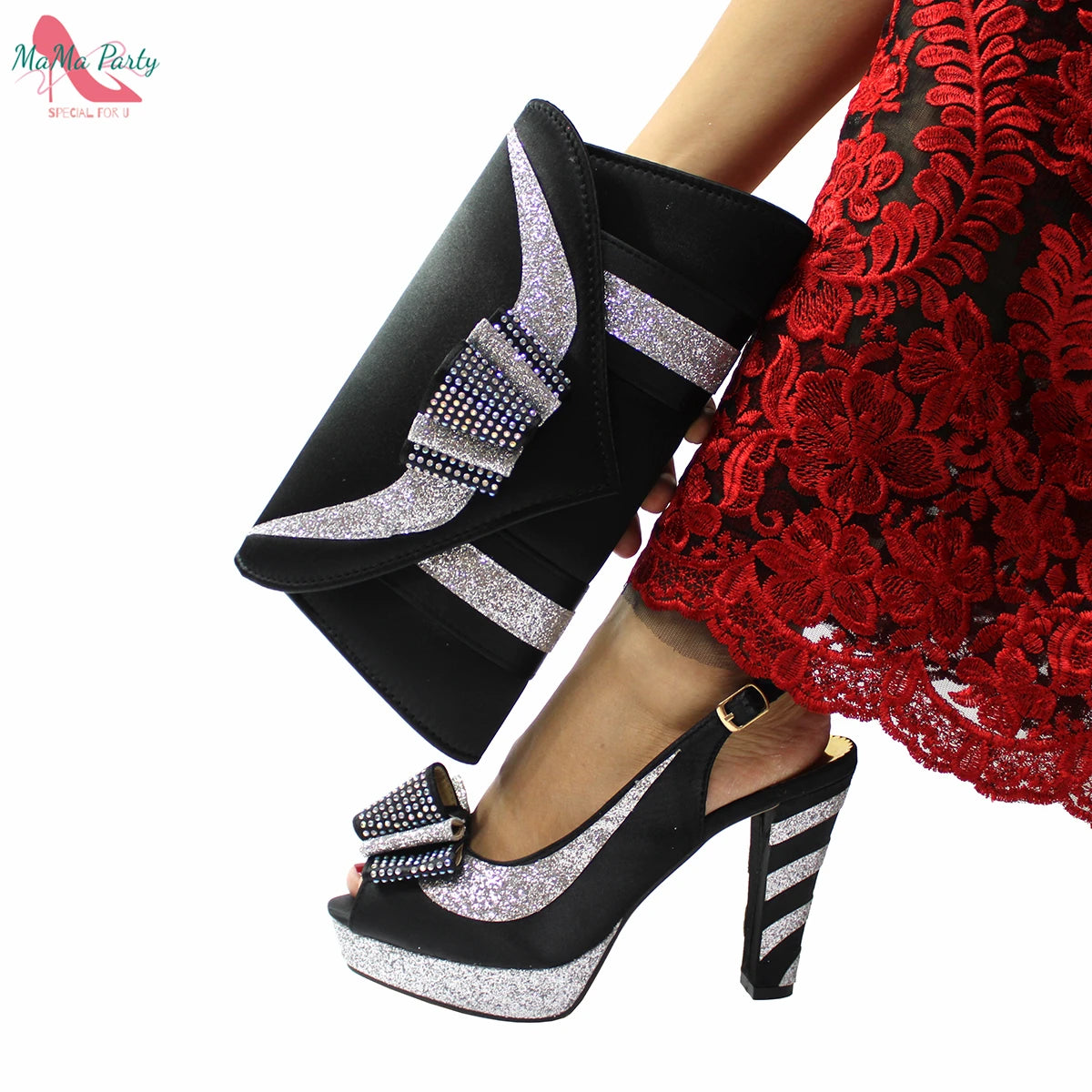 2021 Specials Design Black Color Nigerian Women Shoes and Bag Set High Quality Slingback Sandals with Appliques for Wedding