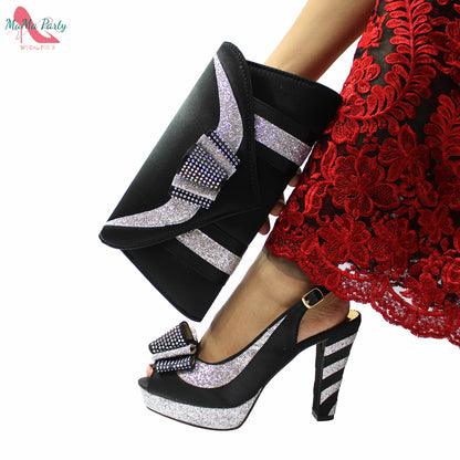 2021 Specials Design Black Color Nigerian Women Shoes and Bag Set High Quality Slingback Sandals with Appliques for Wedding