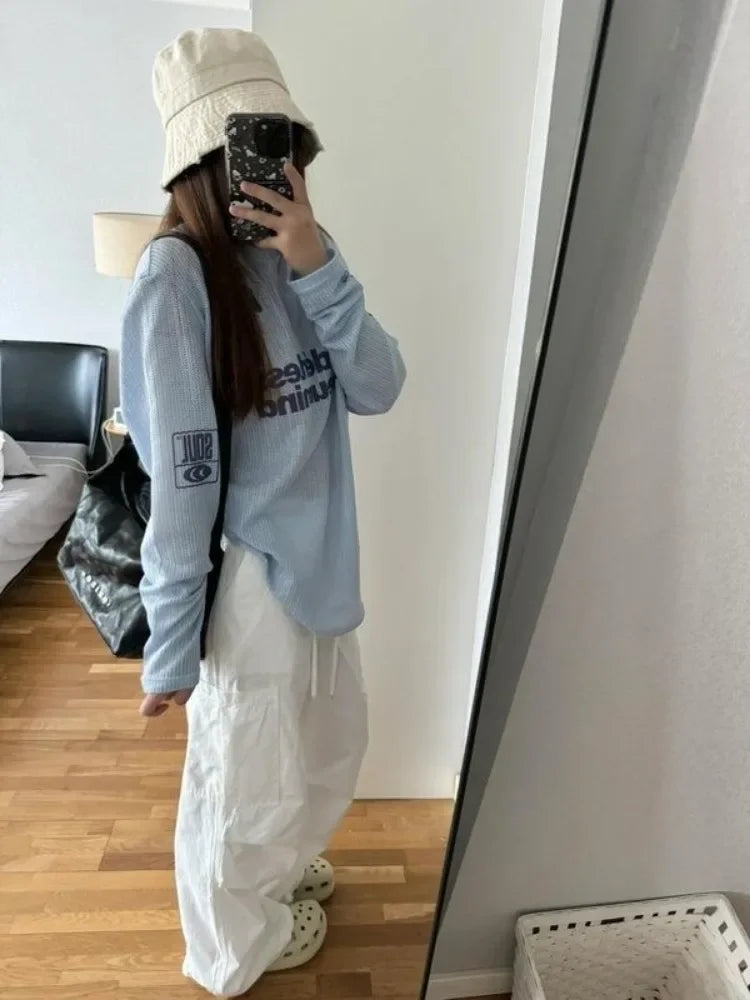 HOUZHOU Y2k Kpop Oversize Women T-shirts Hollow Out Harajuku Sexy Gyaru Streetwear Long Sleeve Knitted Top Korean Fashion Casual
