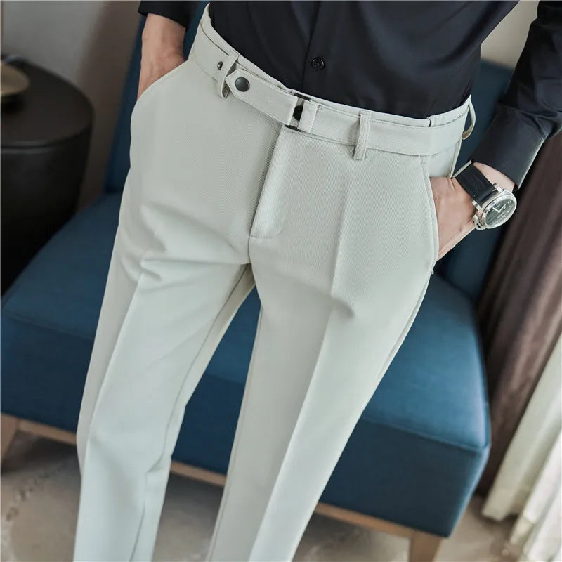 Fashion Belt Decoration Design Men's Suit Pants High Quality Business Slim Fit Casual Straight Formal Wedding Party Trousers