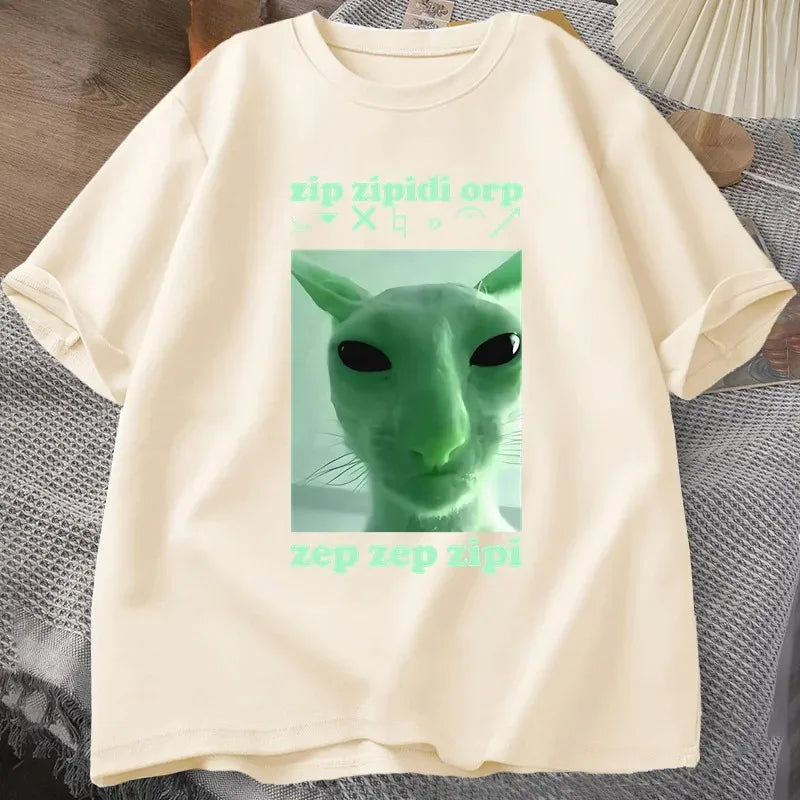 Funny Alien Cat Dank Meme T Shirt for Women Brainrot T-shirt Stupid Cringe Tshirt Harajuku Tees