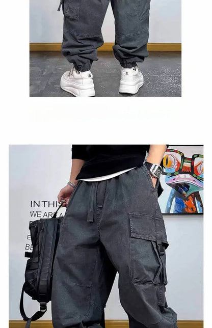 American Vintage Cargo Joggers Mens Washed Distressed Multi Pocket Pants Oversized Loose Fit Streetwear Hip Hop Plus Size Trendy