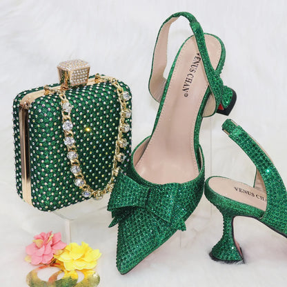 Bridal High Heels for Women 2023 Pointed Toe With Bows Gold Color Rhinestone  Elegant Party Wedding Shoe and Bag Set