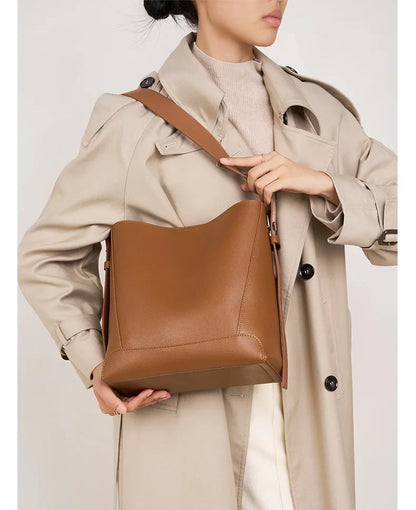 Ladies' Split Leather Bucket Shoulder Bags Female Commute Shopping Messenger Bags Adjustable Shoulder Strap Women Casual Handbag
