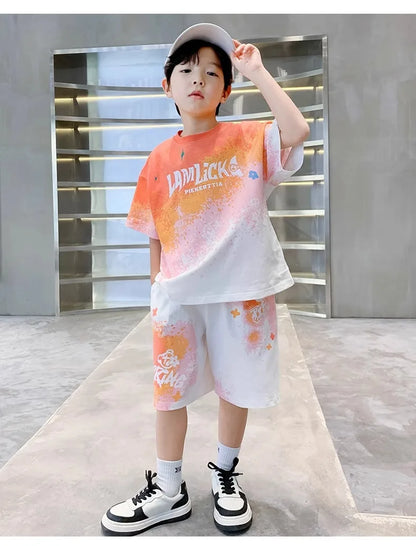 Summer Boys Tie Dye Gradient Alphabet T-Shirt Tops+Shorts Pant Workout Sets School Kids 2PCS Tracksuit Children Outfits 5-16 Yr