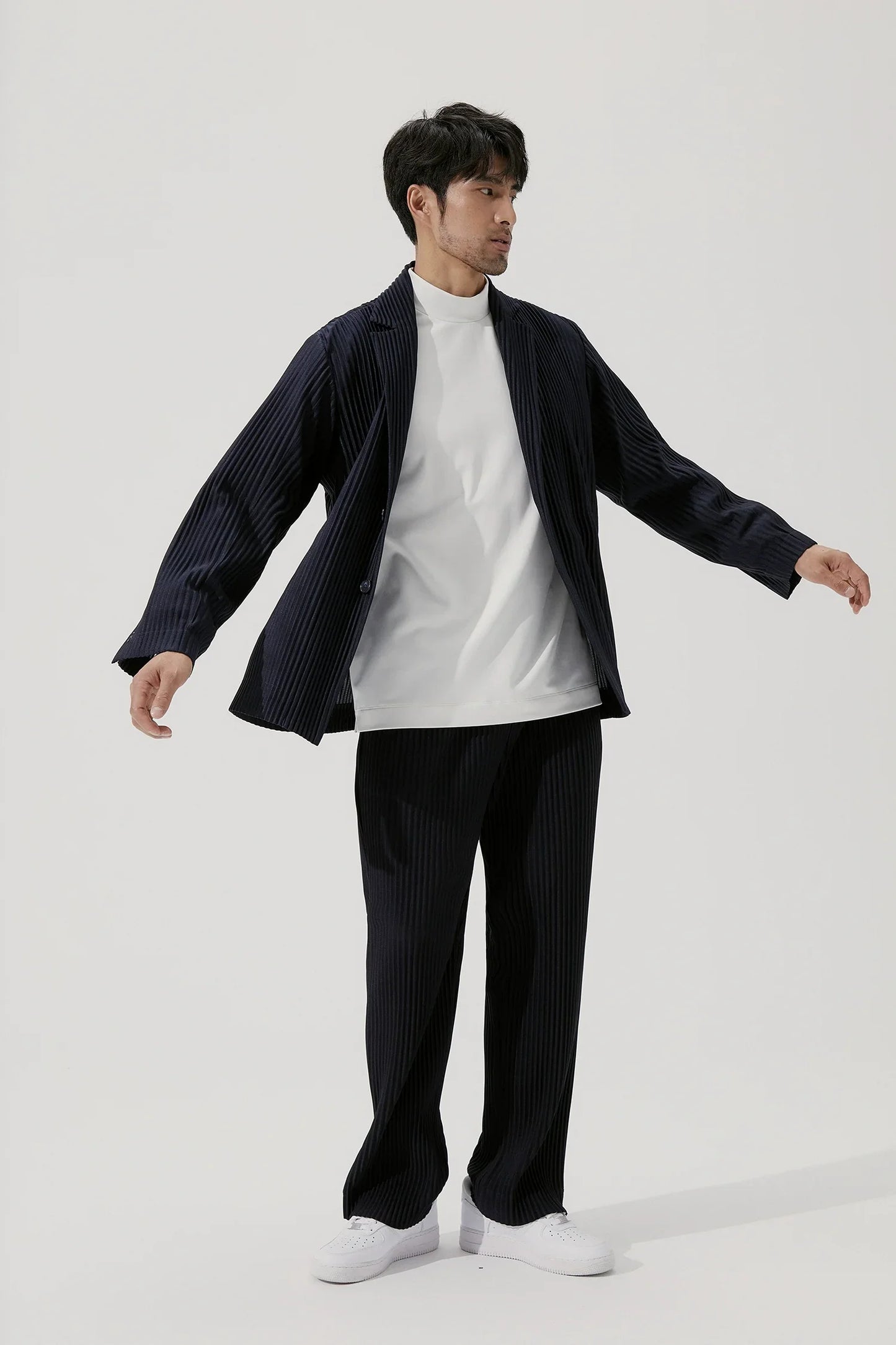 Pleated Blazer Black Suits For Men High Quality Casual Japanese Style Blazers Stretch Fabric Slim Fit Coat