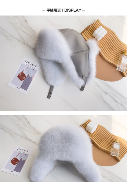 Winter Warm Real Fox Fur Hat Ear-Protecting Hats Women's Genuine Leather Windproof Fox Fur Bomber Hat Thickened Sheepskin Cap