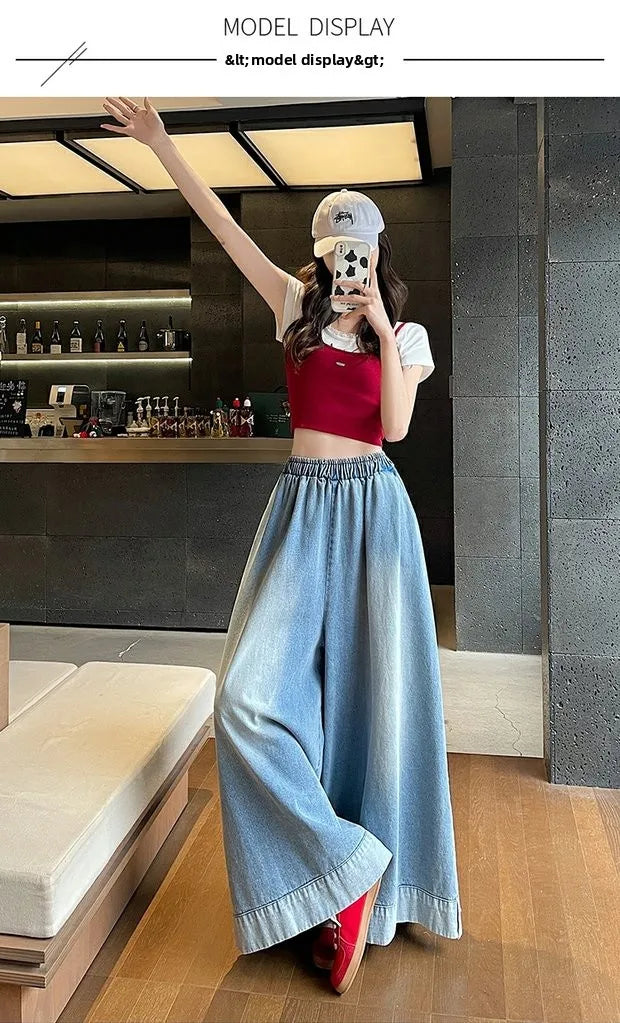 Casual High Waist Wide Leg Jeans Women's Loose Fit Summer Faion plus Size American Sle Cuffed Casual Denim Skirt Pants