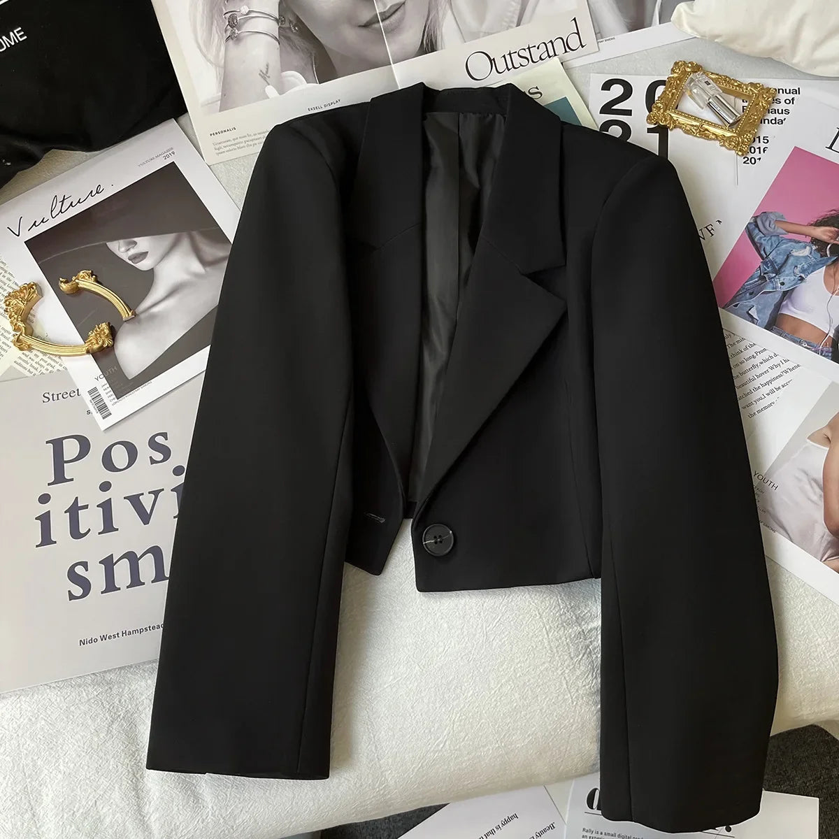 Autumn Solid Color Cropped Suit Jacket for Women Turn Down Collar Single Button Blazer Female Casual Office Lady Blazers Coat