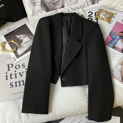 Autumn Solid Color Cropped Suit Jacket for Women Turn Down Collar Single Button Blazer Female Casual Office Lady Blazers Coat