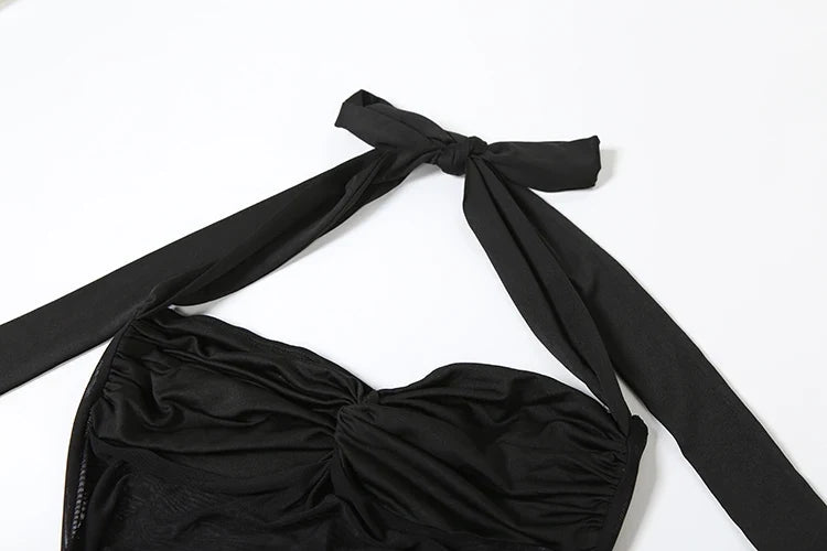 Halter Mesh Patchwork Dress Women Summer Trend Off Shoulder Backless Ruched Ribbon Midnight Prom Party Hipster Vestidos