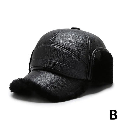 Winter Baseball Cap Men PU Leather Bomber Caps Middle Elderly Dad Hat With Earflaps Thicker Warm Windproof Tongue Hat Keep Warm