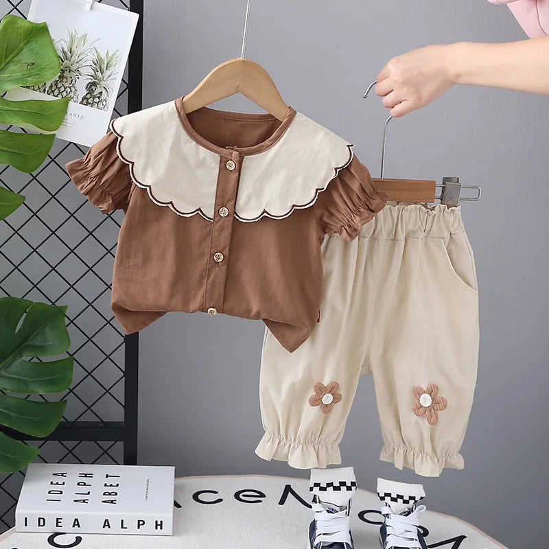 New Toddler Summer Baby Girls Clothes Suits Children Big Wave Lapel Shirt +Flower Cropped Pants 2Pcs/Set Infant Fashion Clothing