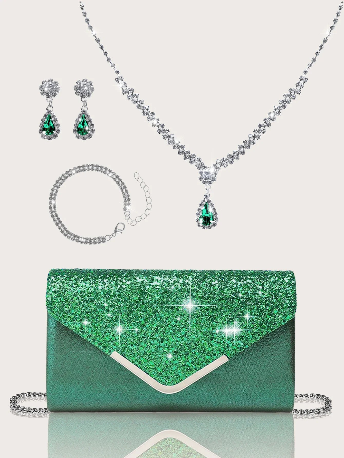 Gorgeous and elegant sparkly women's clutch bag, paired with a gorgeous rhinestone necklace, earrings and bracelet set of four.