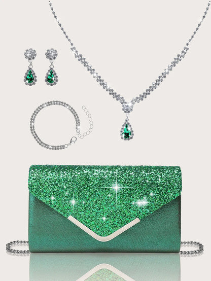 Gorgeous and elegant sparkly women's clutch bag, paired with a gorgeous rhinestone necklace, earrings and bracelet set of four.