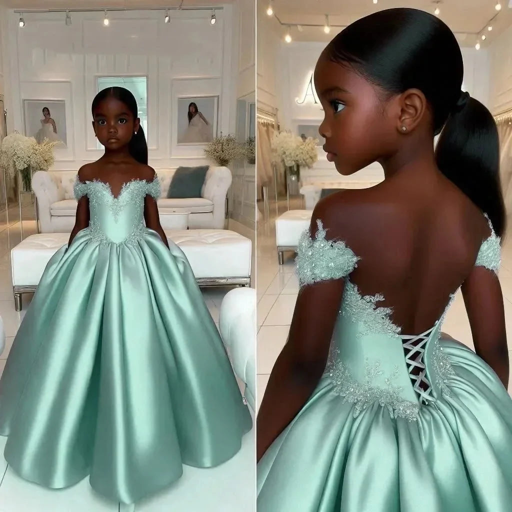 Custom Light Blue Lace Off Shoulder Flower Girl Dress First Christmas Dress Wedding Party Gown for Girls فساتين اطفال