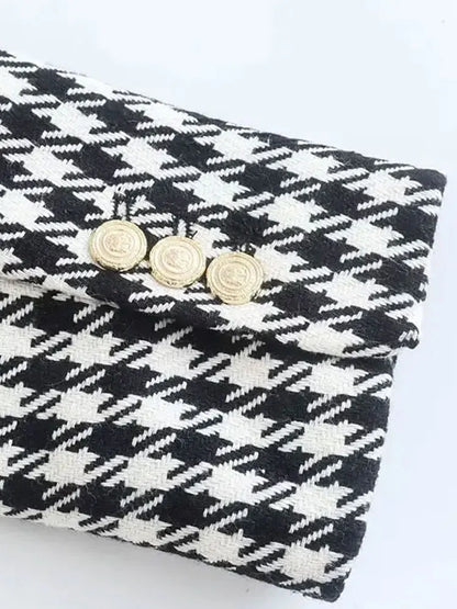 Women Fashion Double Breasted Houndstooth Blazer Coat Vintage Long Sleeve Flap Pockets Female Outerwear Chic Vestes