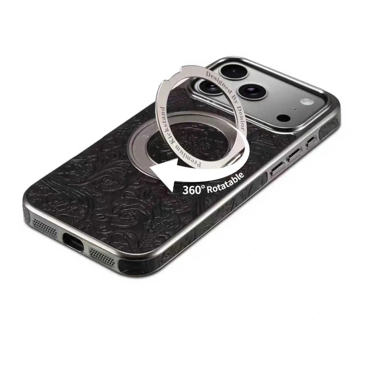 Denior is suitable for iPhone 17/16/15/14/13 Air Pro Max retro printed genuine leather 360 ° rotating bracket phone case