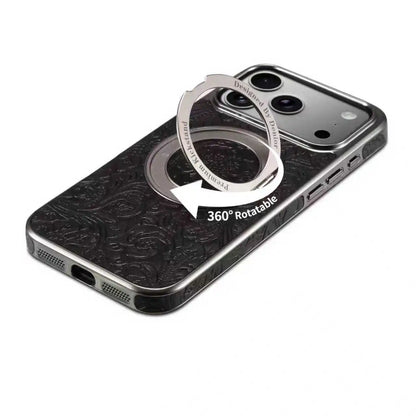 Denior is suitable for iPhone 17/16/15/14/13 Air Pro Max retro printed genuine leather 360 ° rotating bracket phone case