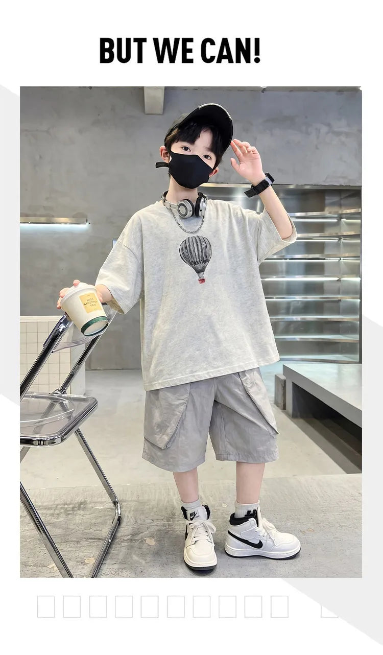 Fashion Boys Summer Outfit T-shirt Shorts Sports Set Children Top and Bottom Tracksuit Set Kids Casual Cotton Sportswear 5-14Y