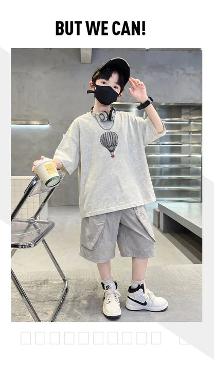 Fashion Boys Summer Outfit T-shirt Shorts Sports Set Children Top and Bottom Tracksuit Set Kids Casual Cotton Sportswear 5-14Y