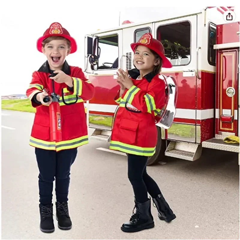 Kid Red Firefighter Costume with Reflective Stripes Zipper Suit Includes Fire Toy Set for Holiday Cosplay Dress Up Party Cosplay