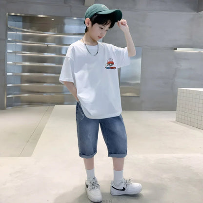 Teens Boy New Summer Clothing Set Cartoon Outfit Children Casual Short Sleeve T-shirt + Denim Shorts 2 Pieces Clothes Tracksuit