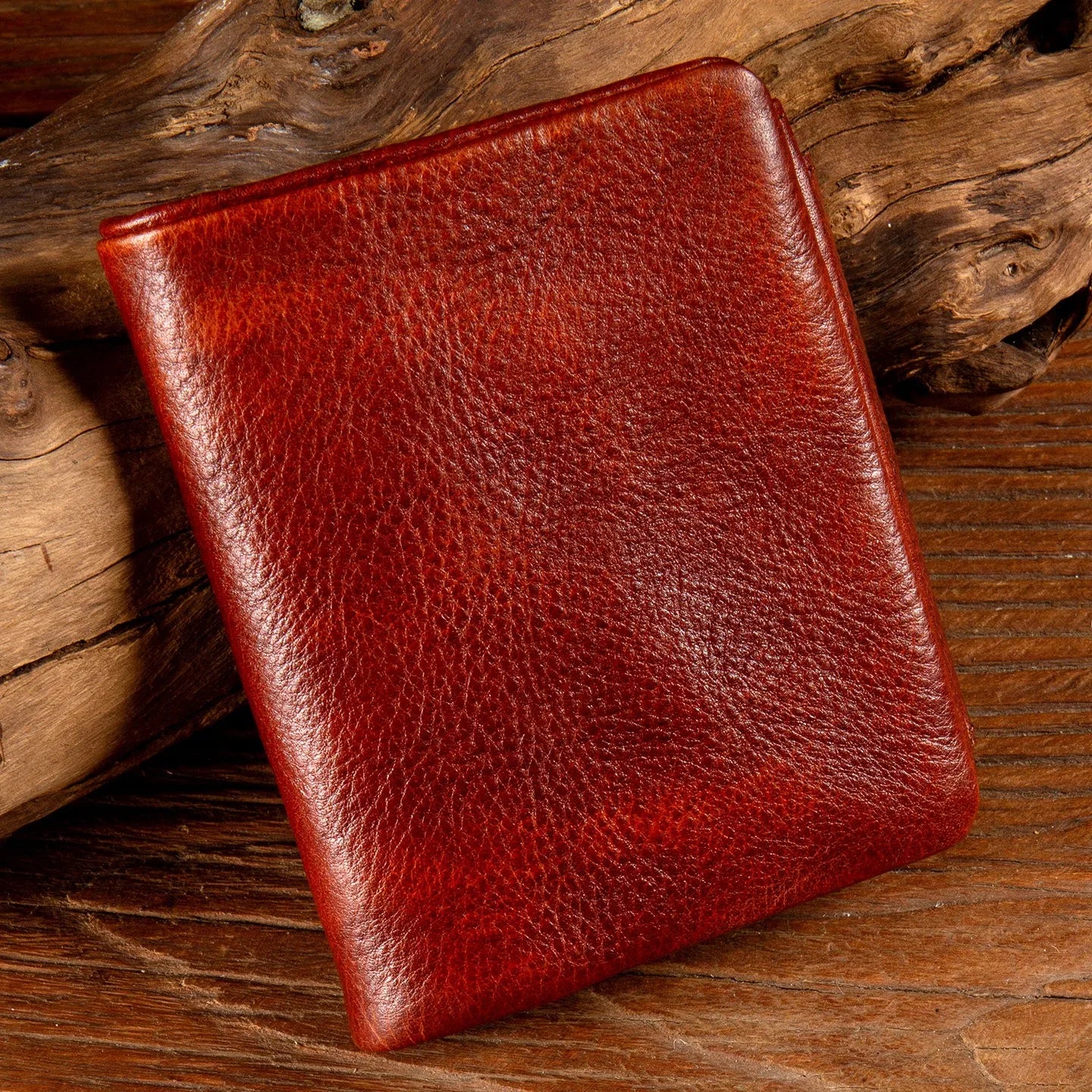 Men's Hand-Rubbed Genuine Leather Short Wallet Top-Grain Vegetable-Tanned Zipper Wallet with Driver's License Card Holder