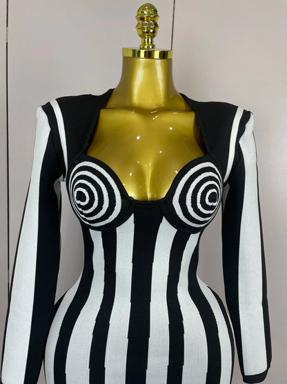 2025 Luxury Sexy Long Sleeve Stripe Black White Mini Bandage Dress Women Knitted Celebrity Elegant Evening Club Birthday Dresses