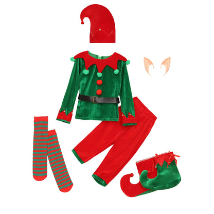 Boys Christmas Elf Costume Xmas Santa Clause Set with Shirt Pants Hat Elf Ears Belt Stockings Festivals New Year Fancy Dress Up