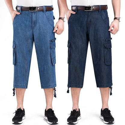 Jeans Shorts Men's Summer Breeches 2024 Multi Side Pocket Casual Bermuda Male Straight Long Blue Denim Loose Cargo Shorts Men