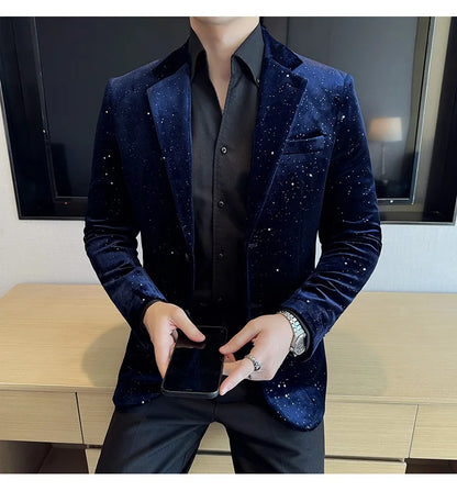 High Quality Velvet Bronzing Suit Coats Mens Sparkle Elegant Slim Business Suits Jacket Homme Formal Social Prom Party Tuxedos