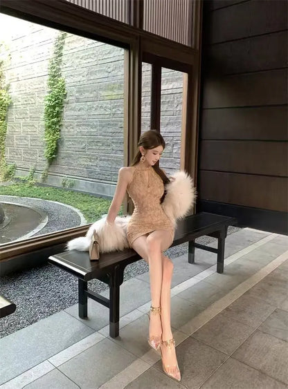 French Sexy Lace Hollow-out Halter Dress Elegant and Fashion Waist-cinching Slim-fit Bodycon Mini Skirt