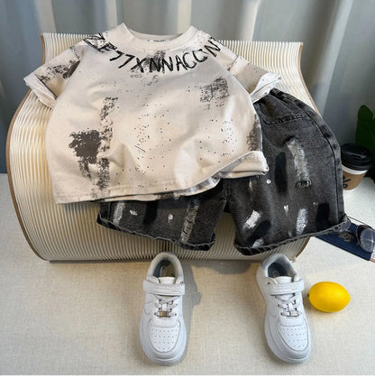 Korean Children's Summer Clothes Kids Set Outfits Boys 2026 Handsome Sleeveless&Short Sleeved T-shirt Denim Shorts 2-piece Set