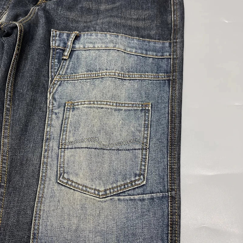 Patchwork Straight Leg Jeans Plus Size Multi Pocket Japanese Streetwear High Quality Trendy Skater Fit Denim Trousers 2025 New